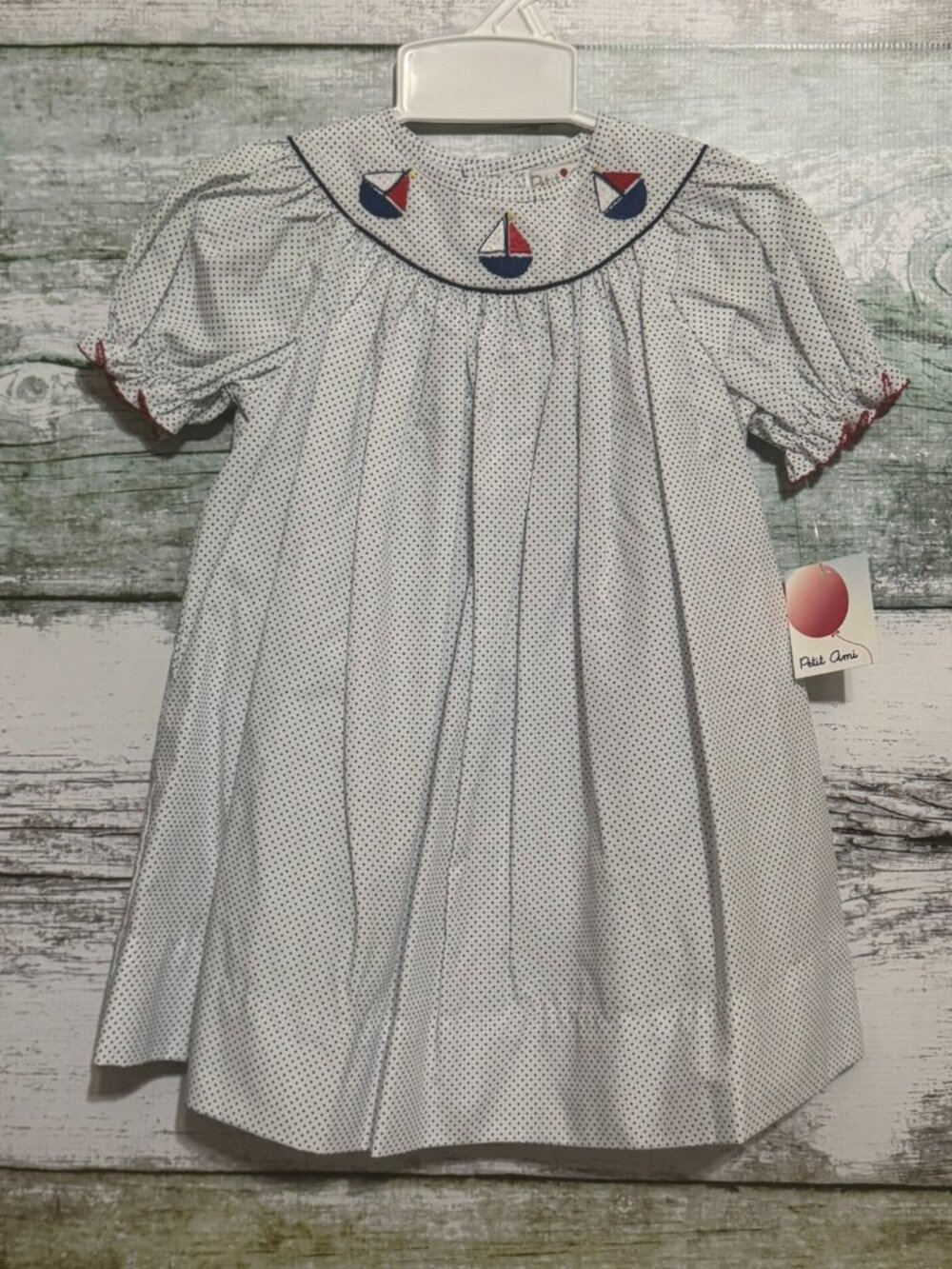 Petit Ami White Navy Dot Embroidered Sailboat Dress 18 Months
